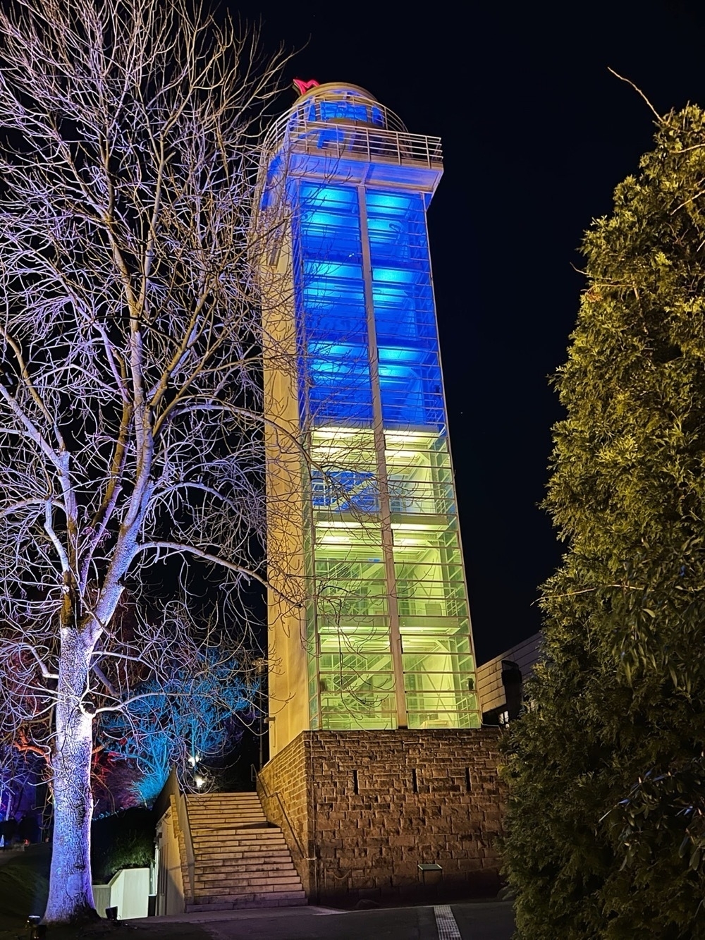 Gruga-Tower in Essen illuminated in Blue and Yellow